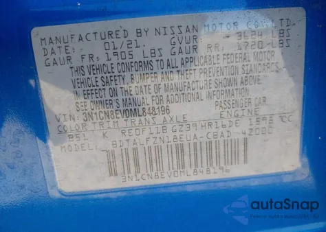 2021 Nissan Versa Sv Xtronic Cvt z USA, uszkodzony, nr VIN 3N1CN8EV0ML848196